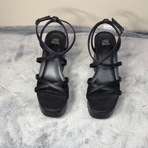 Wild Fable All Black Faux Leather Wedge Heel Sandals - Size 6.5 - LIKE NEW